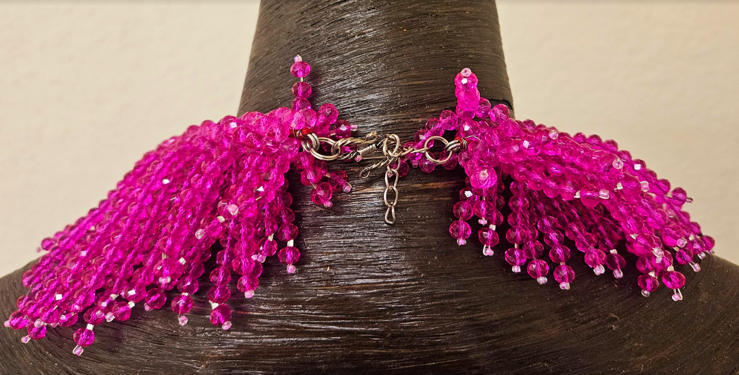 Fuchsia Crystal Waterfall Chest Piece - Hot Pink Faceted Crystal Statement Necklace - Kat Kouture Jewelry Designs