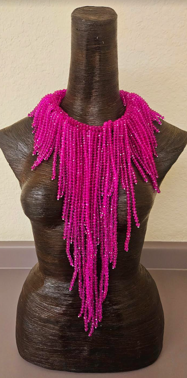 Fuchsia Crystal Waterfall Chest Piece - Hot Pink Faceted Crystal Statement Necklace - Kat Kouture Jewelry Designs