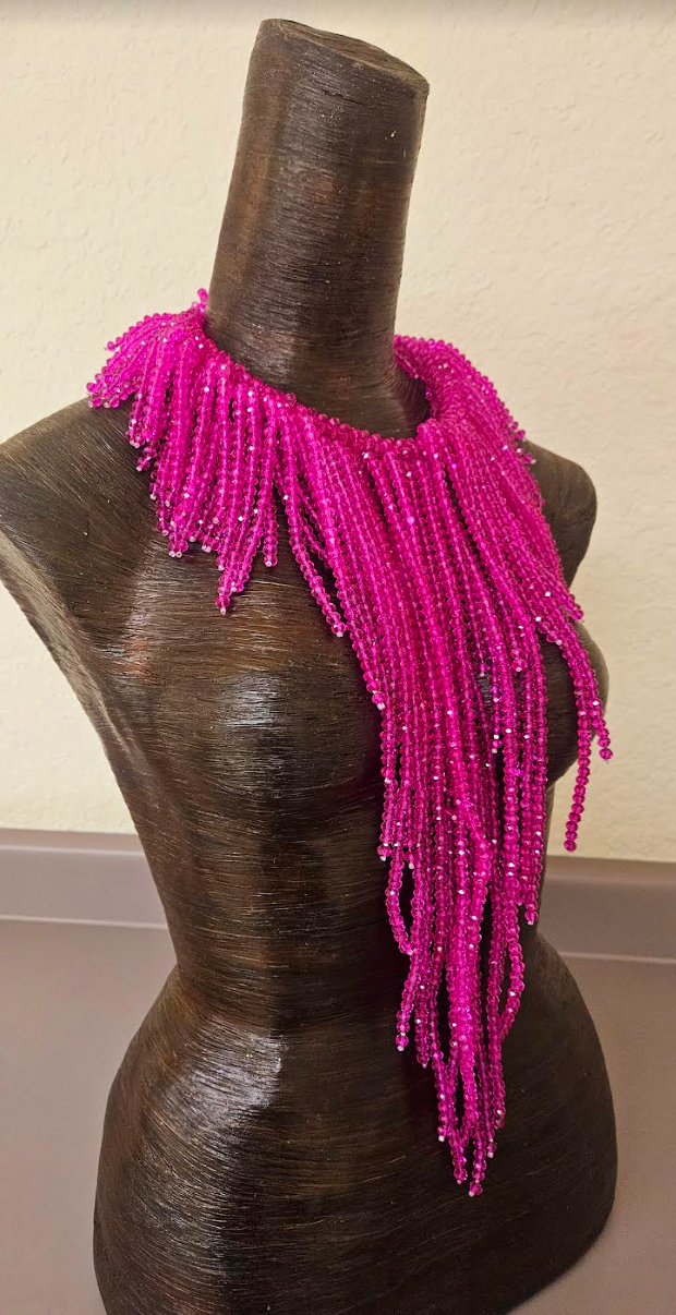 Fuchsia Crystal Waterfall Chest Piece - Hot Pink Faceted Crystal Statement Necklace - Kat Kouture Jewelry Designs