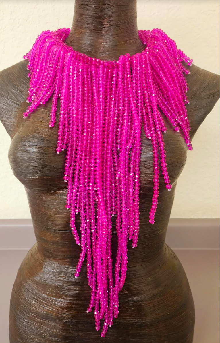 Fuchsia Crystal Waterfall Chest Piece - Hot Pink Faceted Crystal Statement Necklace - Kat Kouture Jewelry Designs