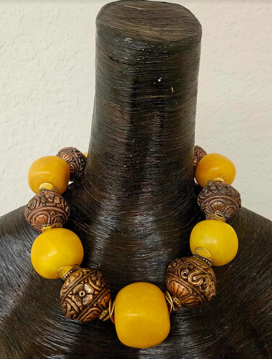 Copal Amber & Tibetan Copper Repousse Big Bead Statement Necklace - Oversized Beaded Tribal Neck Candy - Ethnic Choker for Women of Color - Kat Kouture Jewelry Designs