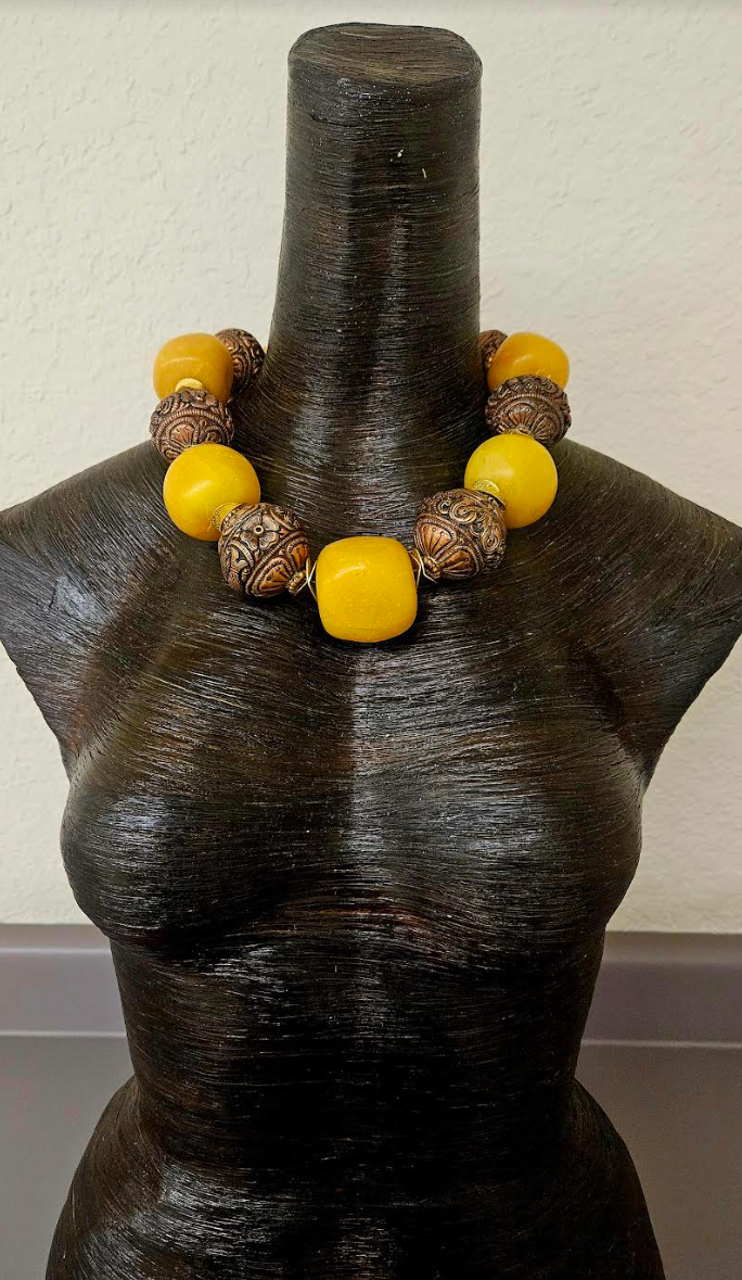 Copal Amber & Tibetan Copper Repousse Big Bead Statement Necklace - Oversized Beaded Tribal Neck Candy - Ethnic Choker for Women of Color - Kat Kouture Jewelry Designs