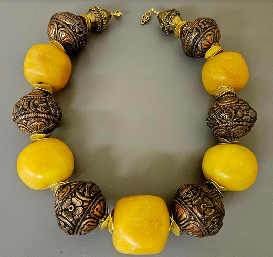 Copal Amber & Tibetan Copper Repousse Big Bead Statement Necklace - Oversized Beaded Tribal Neck Candy - Ethnic Choker for Women of Color - Kat Kouture Jewelry Designs