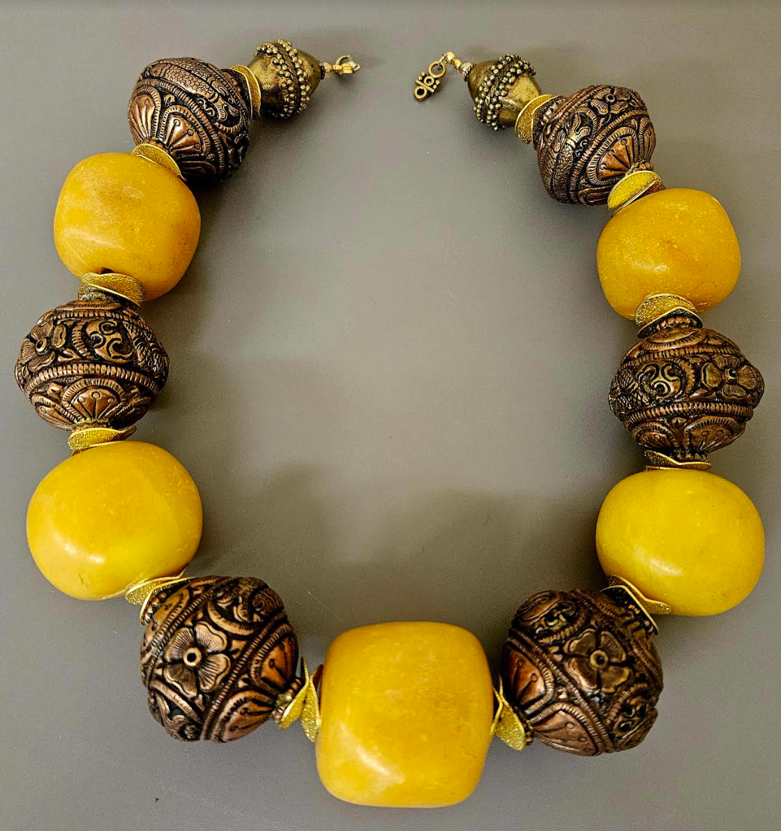 Copal Amber & Tibetan Copper Repousse Big Bead Statement Necklace - Oversized Beaded Tribal Neck Candy - Ethnic Choker for Women of Color - Kat Kouture Jewelry Designs