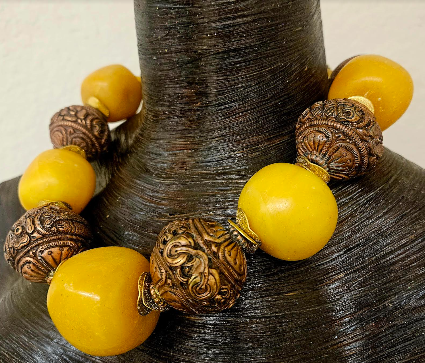 Copal Amber & Tibetan Copper Repousse Big Bead Statement Necklace - Oversized Beaded Tribal Neck Candy - Ethnic Choker for Women of Color - Kat Kouture Jewelry Designs