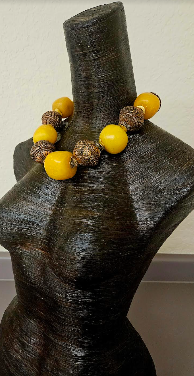 Copal Amber & Tibetan Copper Repousse Big Bead Statement Necklace - Oversized Beaded Tribal Neck Candy - Ethnic Choker for Women of Color - Kat Kouture Jewelry Designs