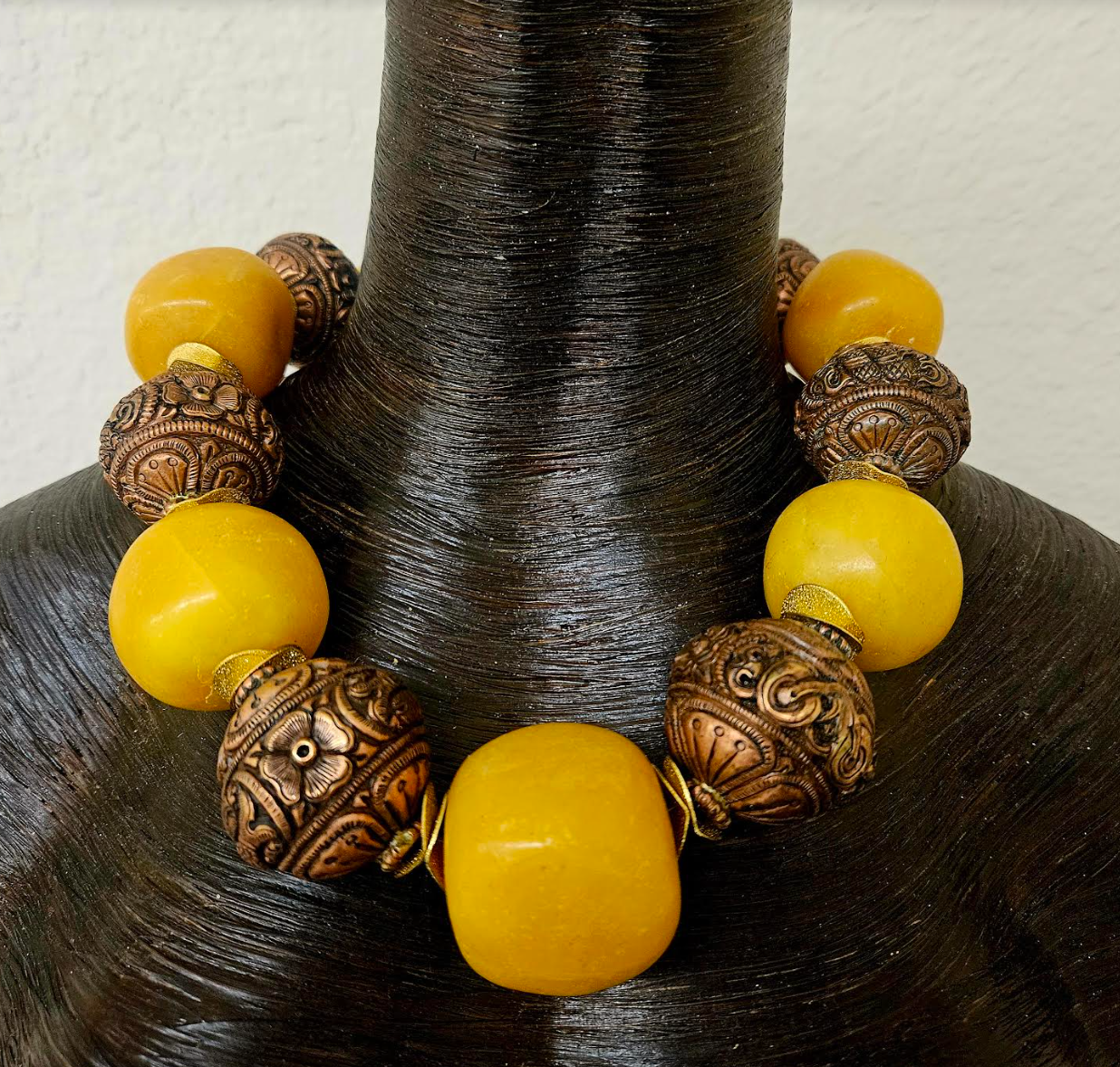 Copal Amber & Tibetan Copper Repousse Big Bead Statement Necklace - Oversized Beaded Tribal Neck Candy - Ethnic Choker for Women of Color - Kat Kouture Jewelry Designs