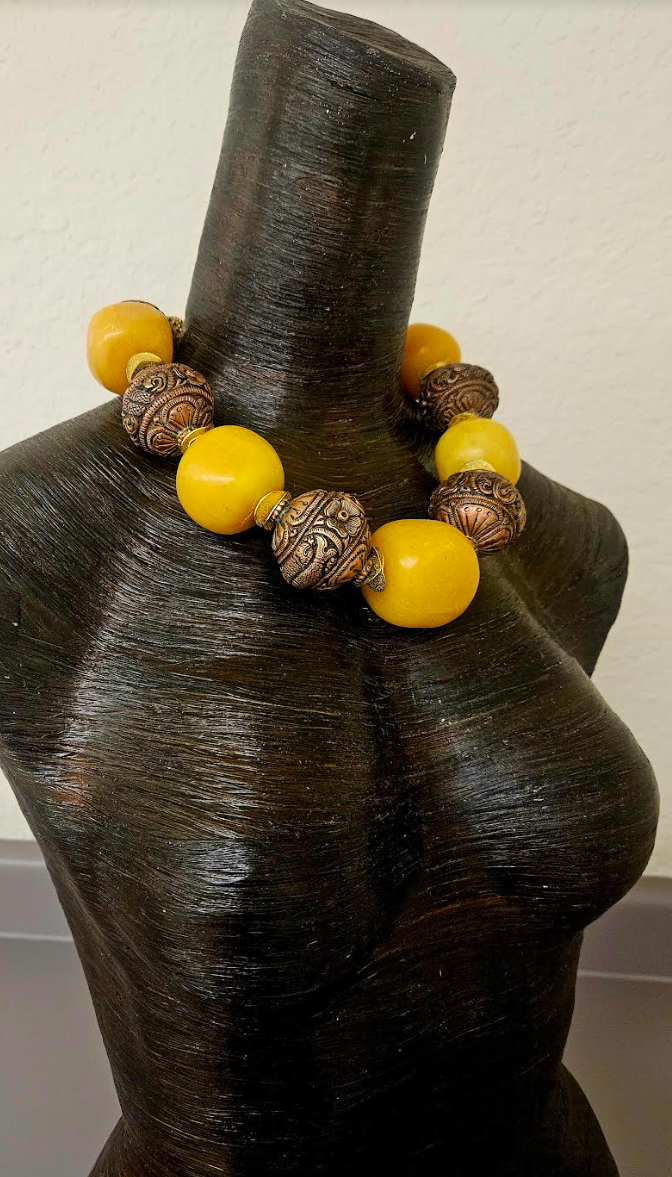 Copal Amber & Tibetan Copper Repousse Big Bead Statement Necklace - Oversized Beaded Tribal Neck Candy - Ethnic Choker for Women of Color - Kat Kouture Jewelry Designs