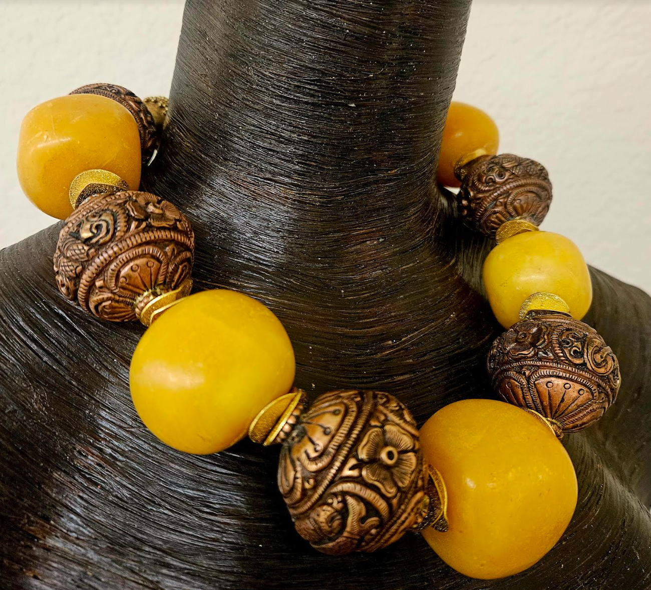 Copal Amber & Tibetan Copper Repousse Big Bead Statement Necklace - Oversized Beaded Tribal Neck Candy - Ethnic Choker for Women of Color - Kat Kouture Jewelry Designs