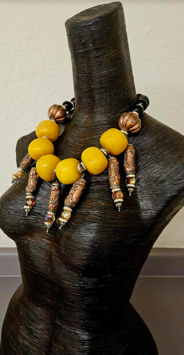 Copal Amber Ethnic Statement Necklace with Tibetan Dangles - Exotic High End Tribal Oversized Beaded Neck Candy - Kat Kouture Jewelry