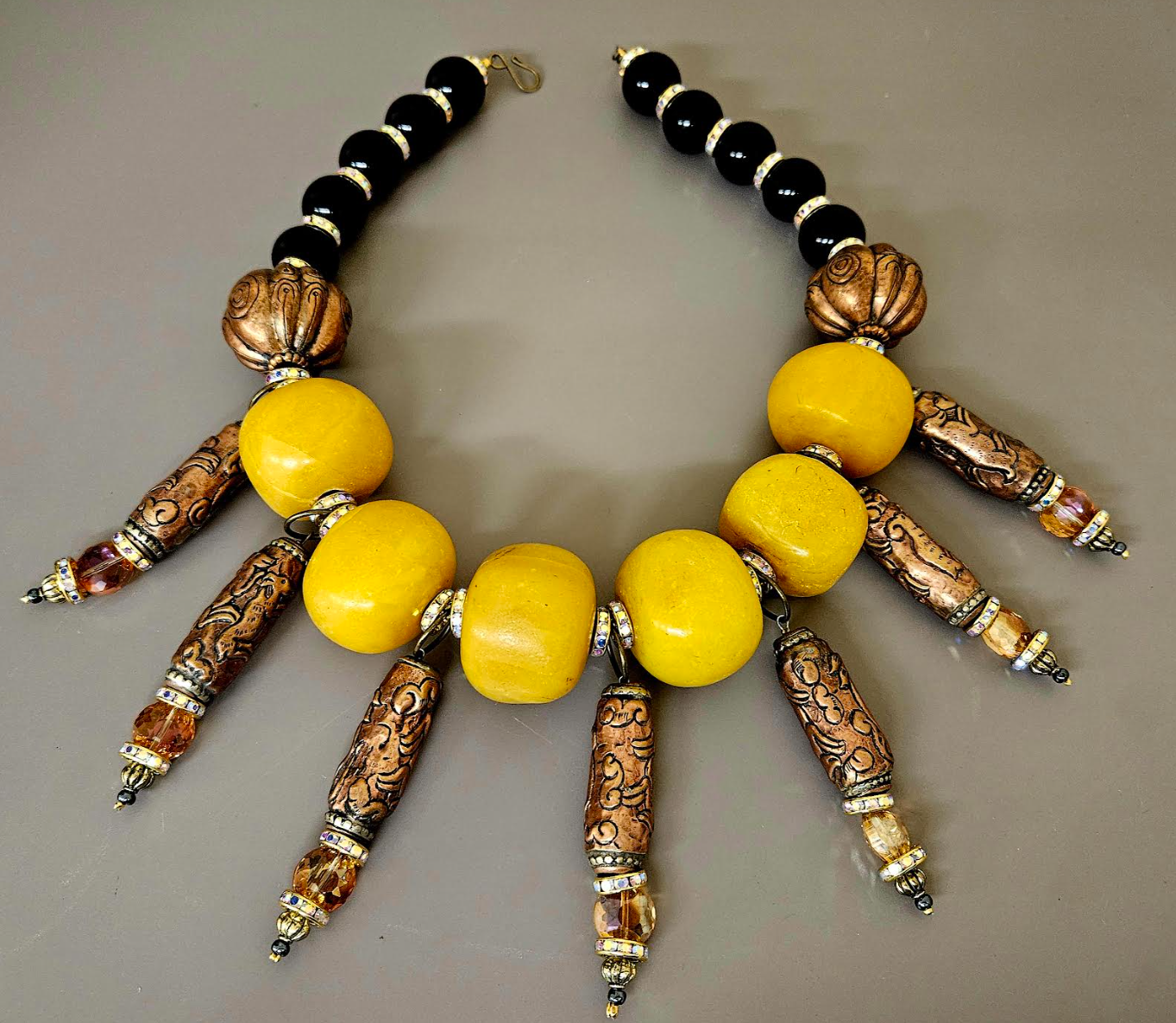 Copal Amber Ethnic Statement Necklace with Tibetan Dangles - Exotic High End Tribal Oversized Beaded Neck Candy - Kat Kouture Jewelry