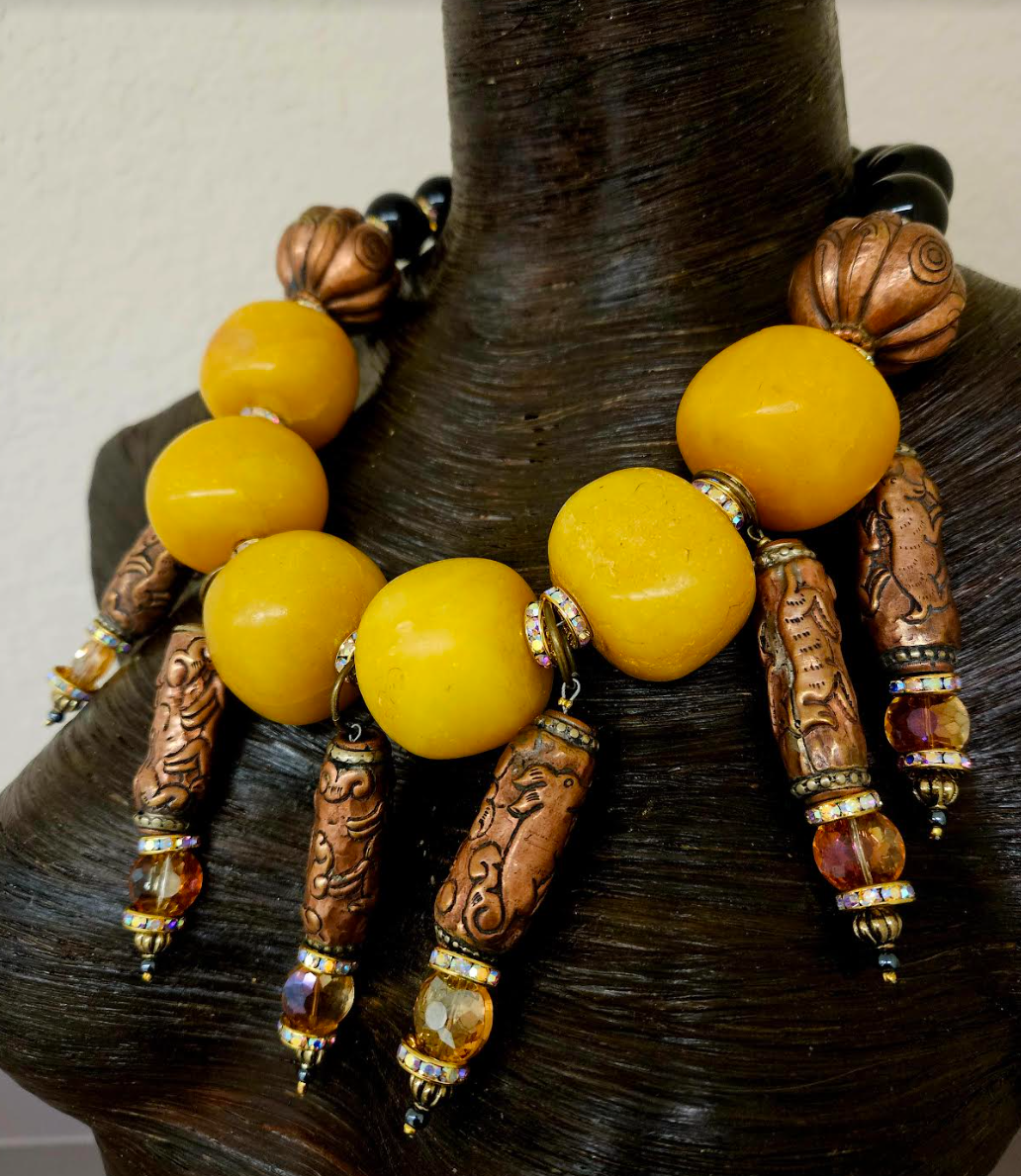 Copal Amber Ethnic Statement Necklace with Tibetan Dangles - Exotic High End Tribal Oversized Beaded Neck Candy - Kat Kouture Jewelry