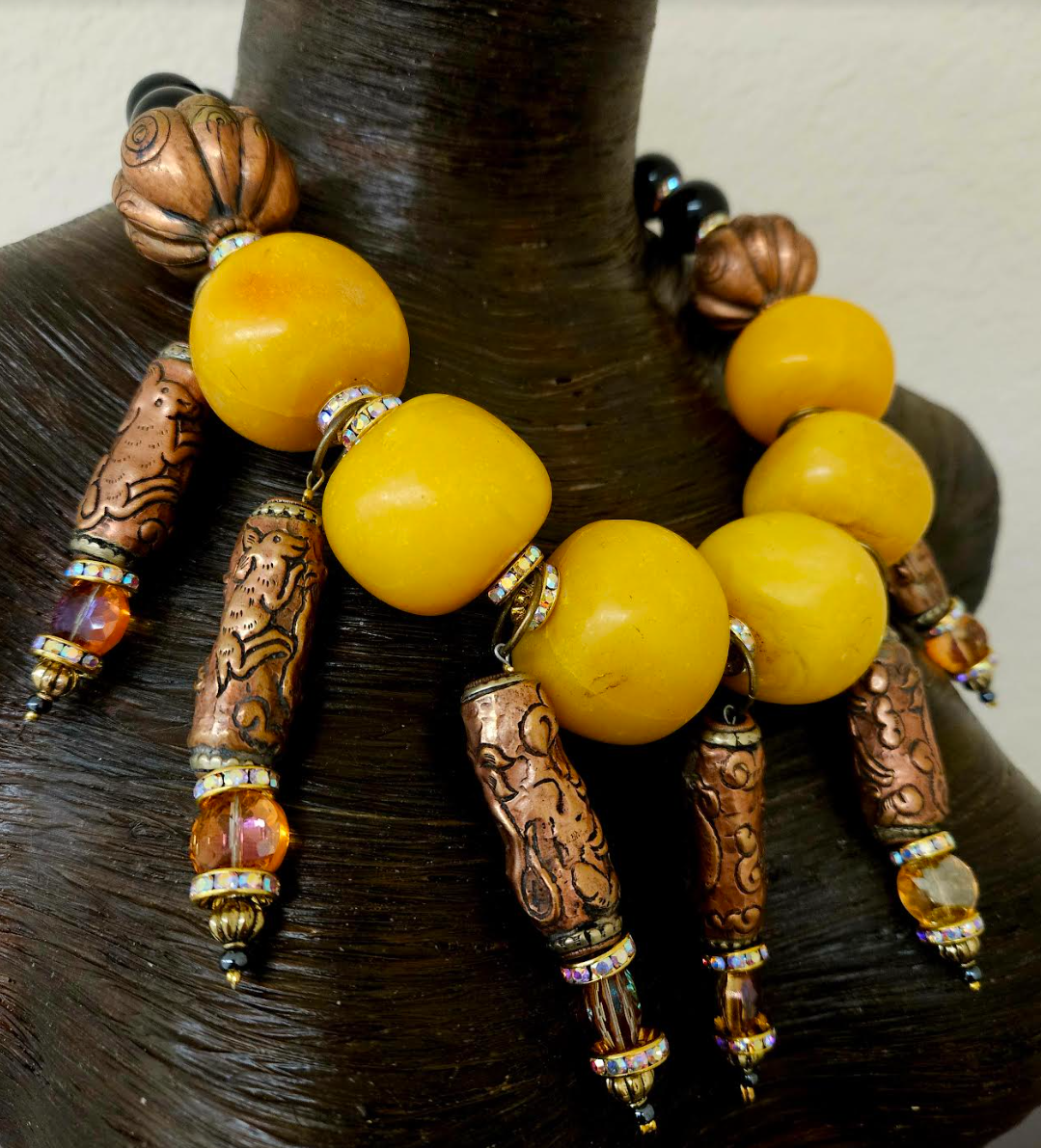 Copal Amber Ethnic Statement Necklace with Tibetan Dangles - Exotic High End Tribal Oversized Beaded Neck Candy - Kat Kouture Jewelry