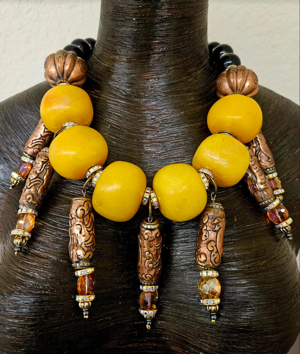 Copal Amber Ethnic Statement Necklace with Tibetan Dangles - Exotic High End Tribal Oversized Beaded Neck Candy - Kat Kouture Jewelry