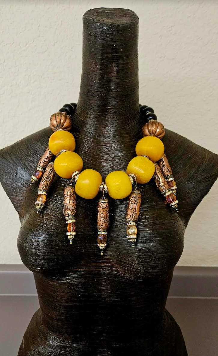 Copal Amber Ethnic Statement Necklace with Tibetan Dangles - Exotic High End Tribal Oversized Beaded Neck Candy - Kat Kouture Jewelry