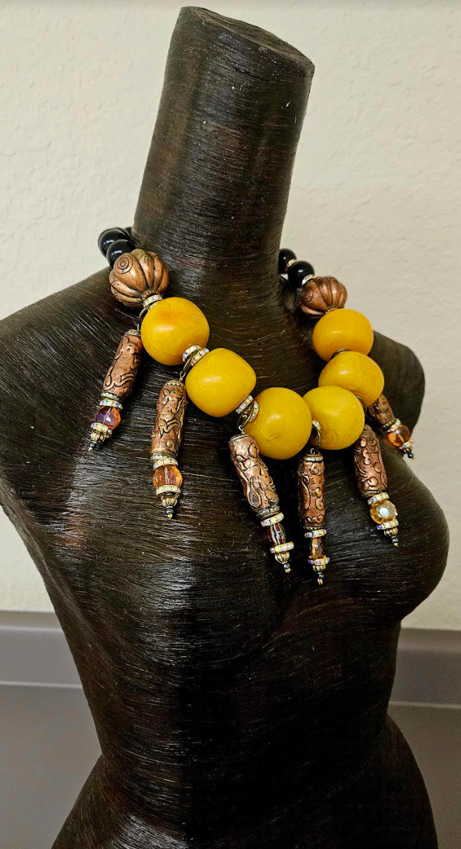 Copal Amber Ethnic Statement Necklace with Tibetan Dangles - Exotic High End Tribal Oversized Beaded Neck Candy - Kat Kouture Jewelry