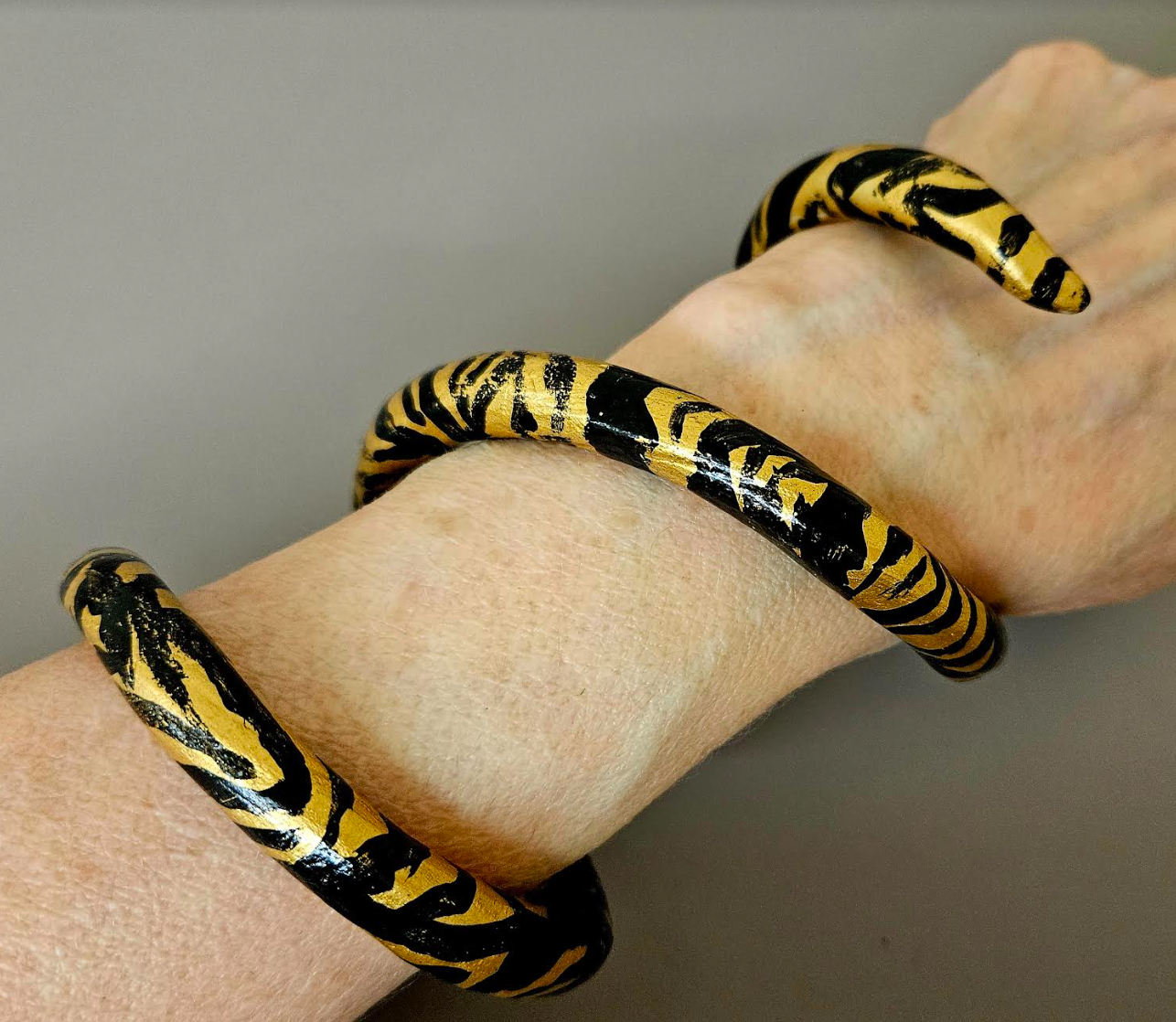 Zebra Print Black and Gold Metallic Coil Cuff - Hand Sculpted Snake Bangle - African Safari Inspired Wrist Candy - Kat Kouture Jewelry