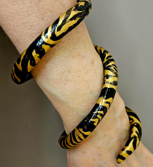 Zebra Print Black and Gold Metallic Coil Cuff - Hand Sculpted Snake Bangle - African Safari Inspired Wrist Candy - Kat Kouture Jewelry