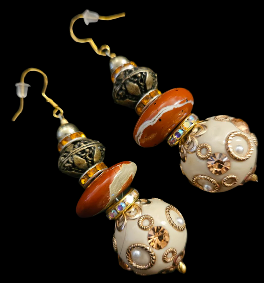 Red Jasper Copper & Golden Cream Polynesian Beaded Pierced Earrings - Dangle Earrings for Autumn - Bold Chunky and Rich Ear Candy for Redheads - Kat Kouture Jewelry