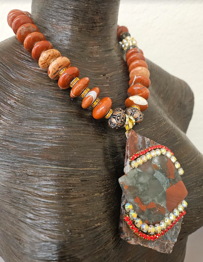 Red Agate Jasper Rondelle Necklace with Jasper Slab Pendant - Avant Garde Red Black and Gray Beaded Chest Piece - Kat Kouture Jewelry