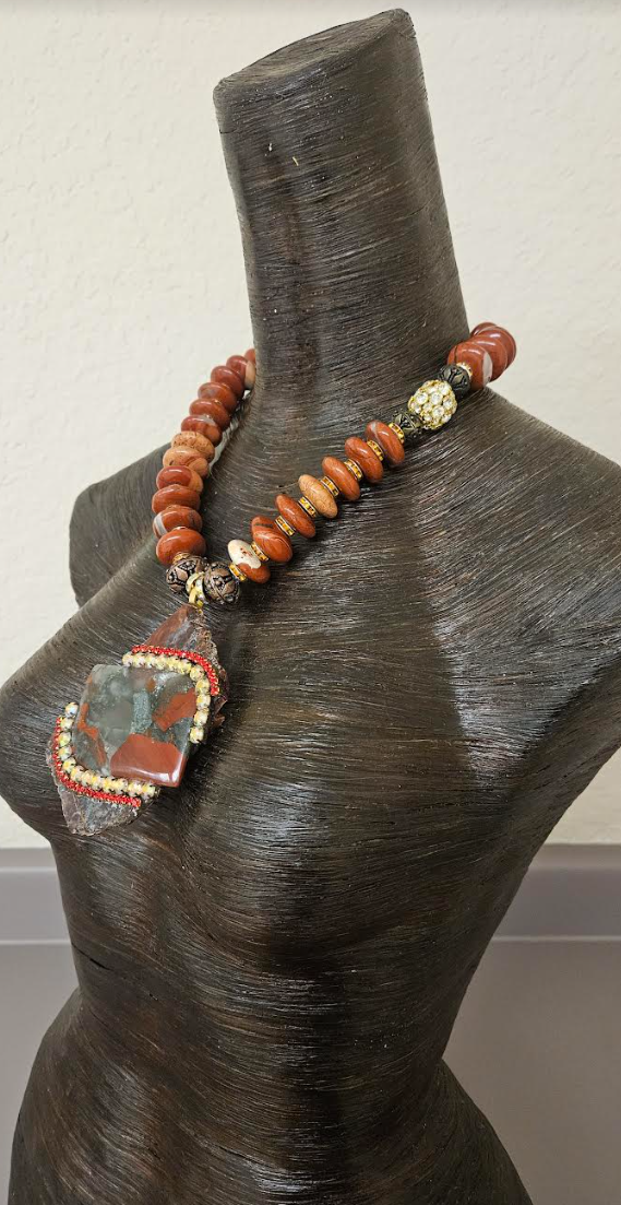 Red Agate Jasper Rondelle Necklace with Jasper Slab Pendant - Avant Garde Red Black and Gray Beaded Chest Piece - Kat Kouture Jewelry