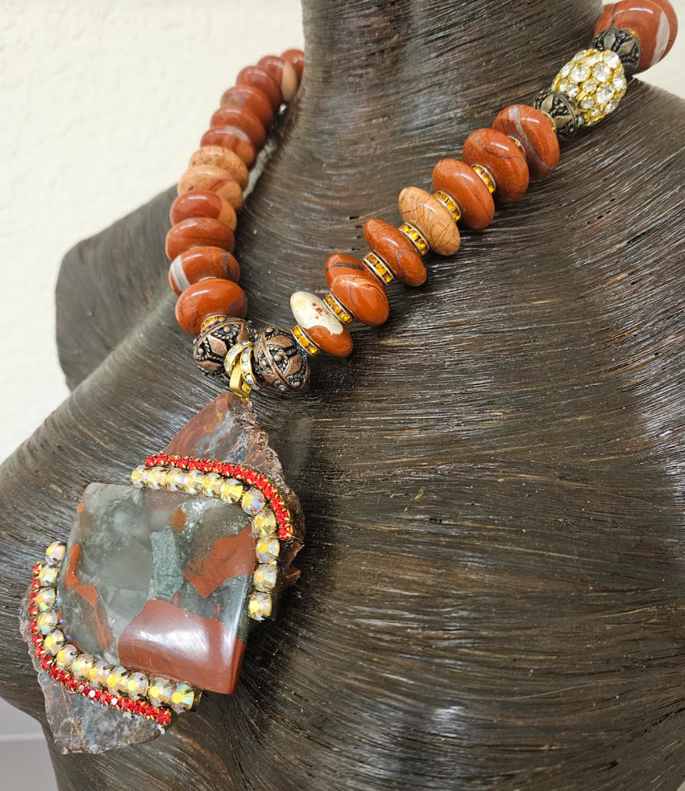 Red Agate Jasper Rondelle Necklace with Jasper Slab Pendant - Avant Garde Red Black and Gray Beaded Chest Piece - Kat Kouture Jewelry