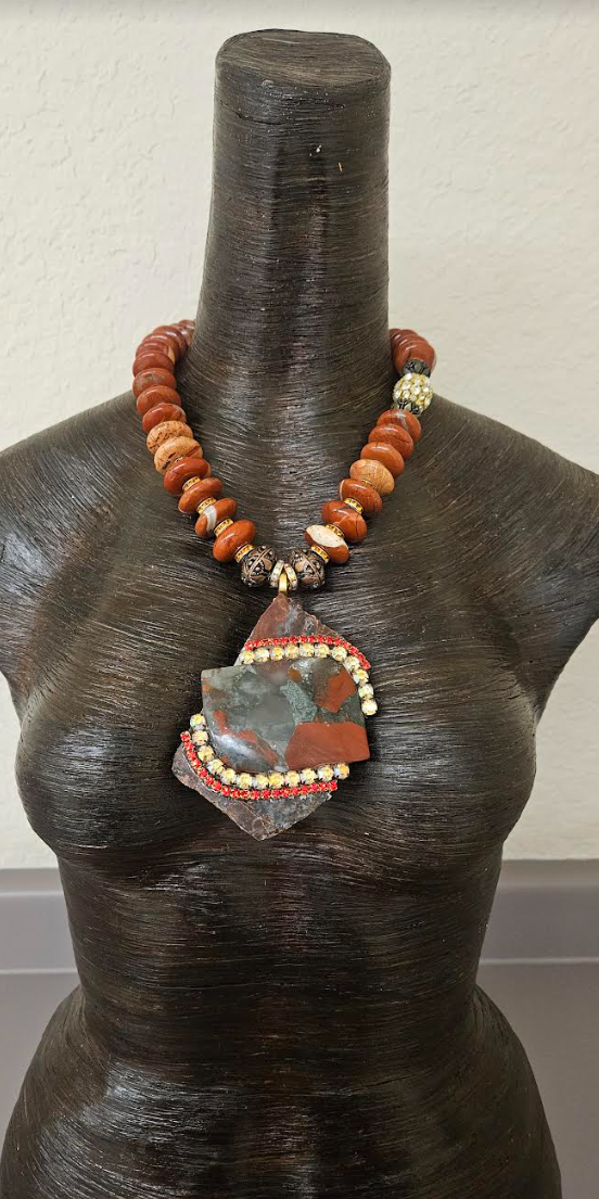 Red Agate Jasper Rondelle Necklace with Jasper Slab Pendant - Avant Garde Red Black and Gray Beaded Chest Piece - Kat Kouture Jewelry