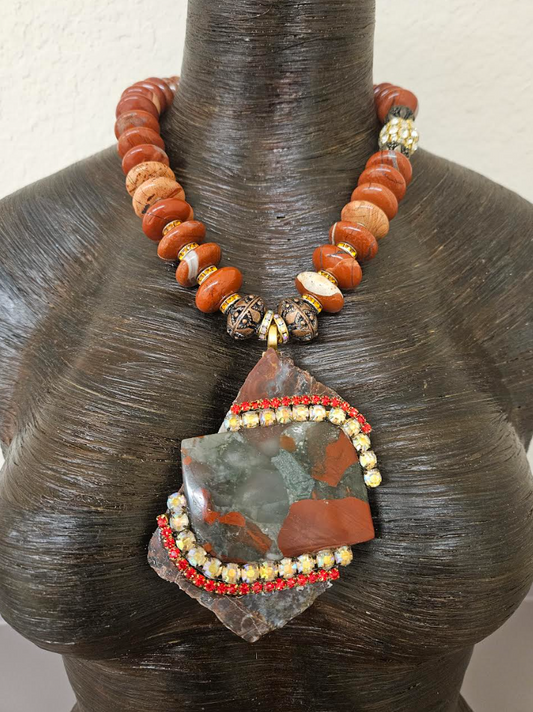 Red Agate Jasper Rondelle Necklace with Jasper Slab Pendant - Avant Garde Red Black and Gray Beaded Chest Piece - Kat Kouture Jewelry