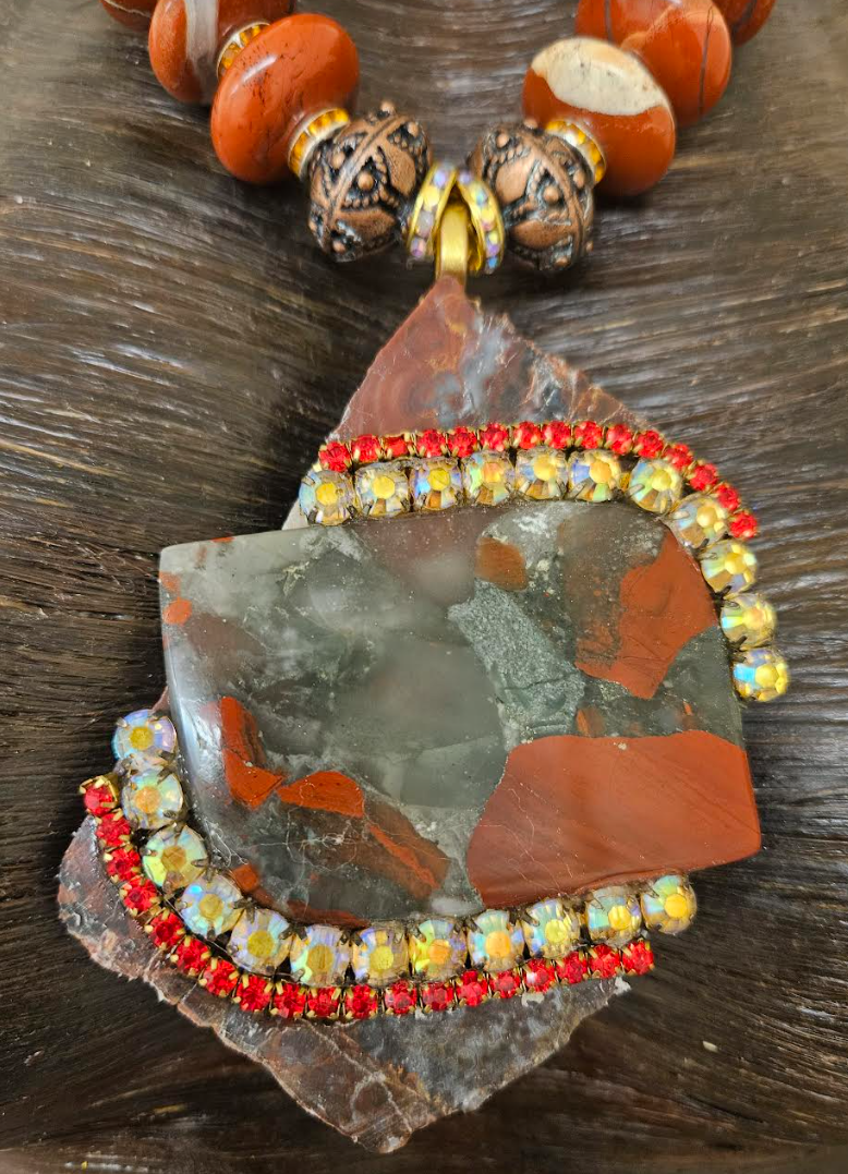 Red Agate Jasper Rondelle Necklace with Jasper Slab Pendant - Avant Garde Red Black and Gray Beaded Chest Piece - Kat Kouture Jewelry