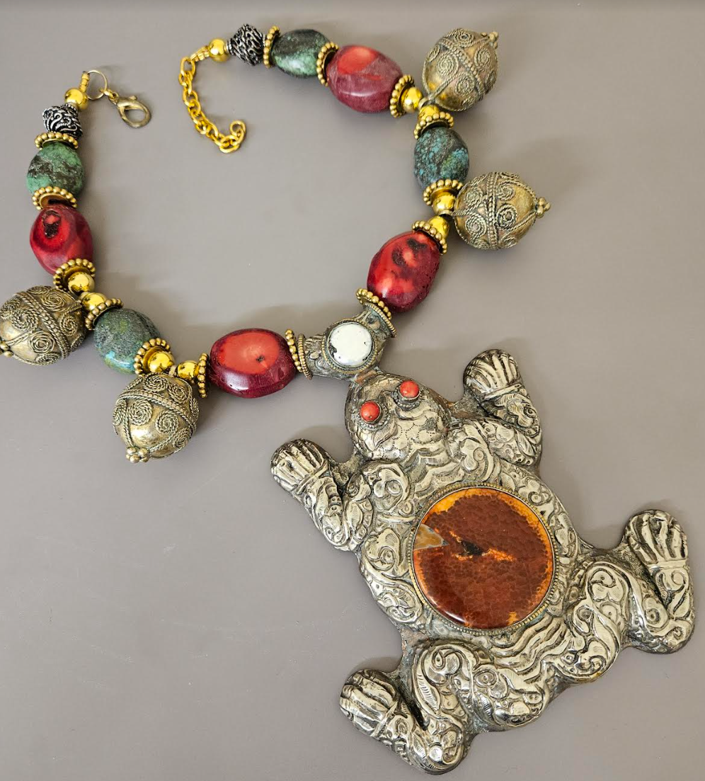 Big Tibetan Repousse Frog Statement Pendant - Exotic Luxury Coral Turquoise & Ethnic Beaded Tribal Necklace -  Iris Apfel Haute Couture Styled Jewelry - Kat Kouture Jewelry