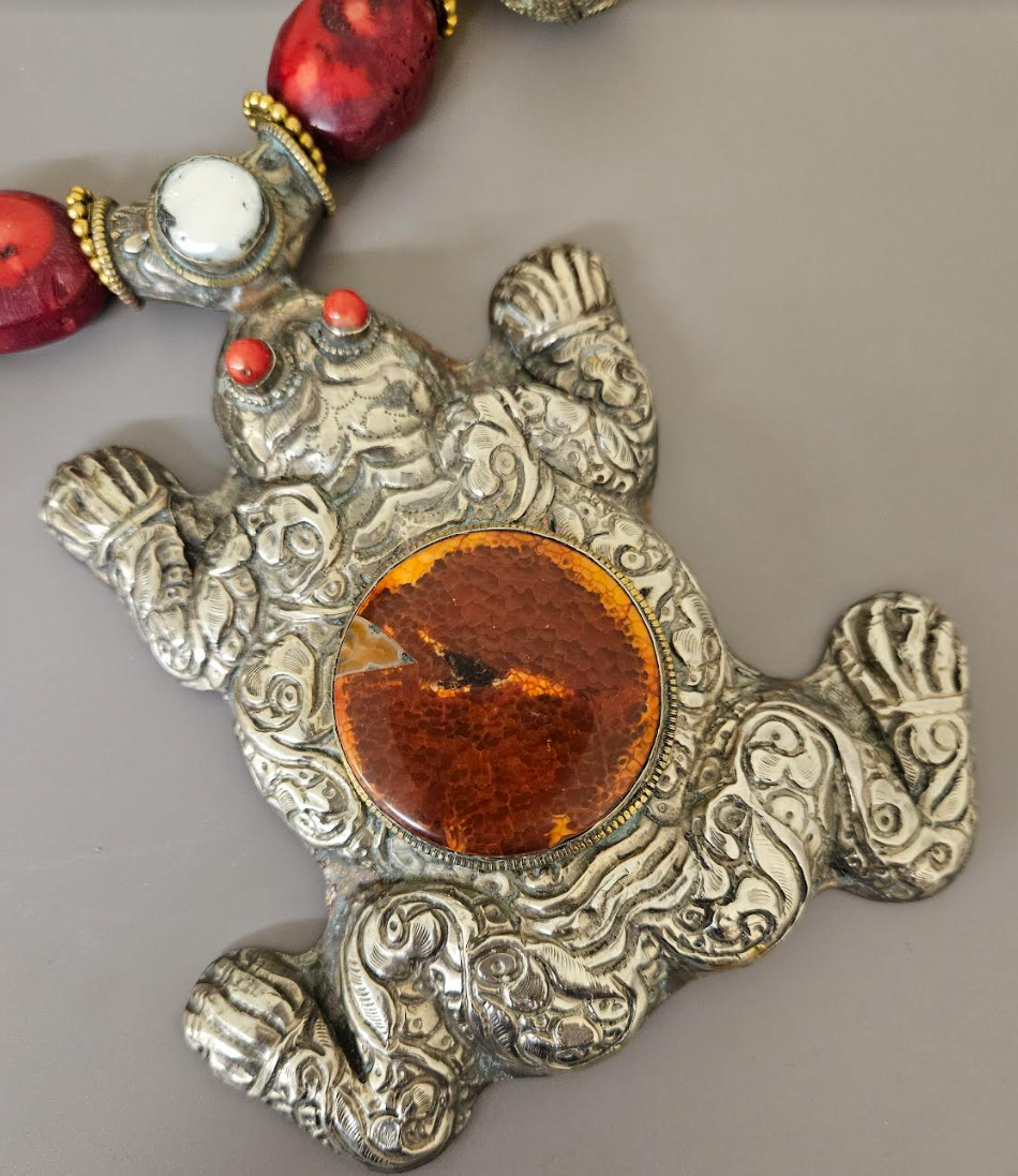 Big Tibetan Repousse Frog Statement Pendant - Exotic Luxury Coral Turquoise & Ethnic Beaded Tribal Necklace -  Iris Apfel Haute Couture Styled Jewelry - Kat Kouture Jewelry