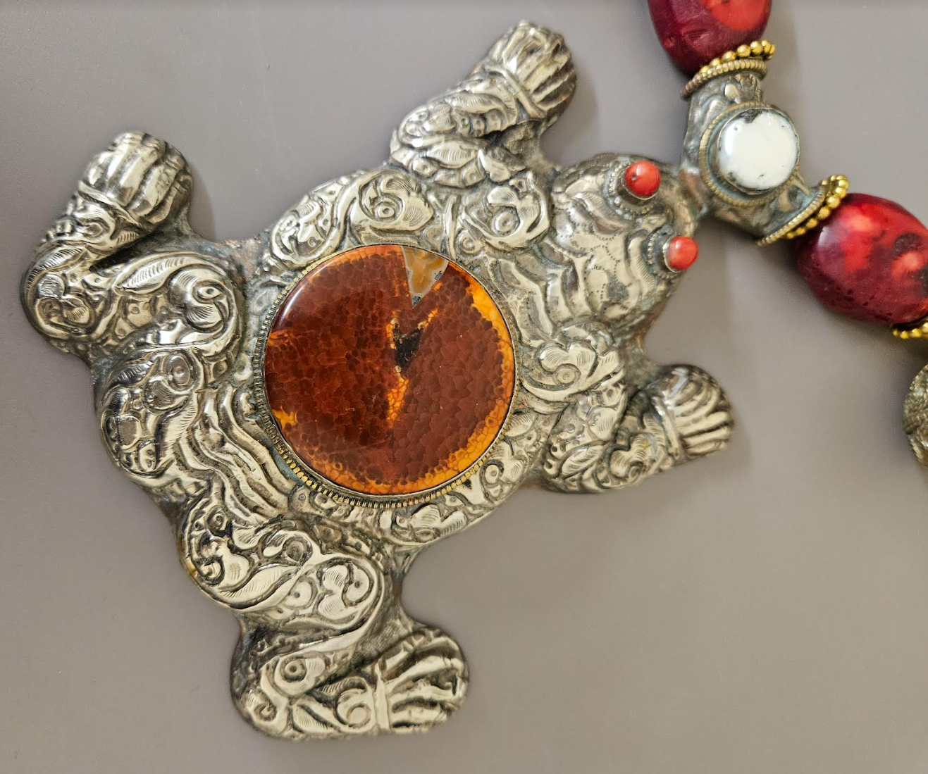 Big Tibetan Repousse Frog Statement Pendant - Exotic Luxury Coral Turquoise & Ethnic Beaded Tribal Necklace -  Iris Apfel Haute Couture Styled Jewelry - Kat Kouture Jewelry