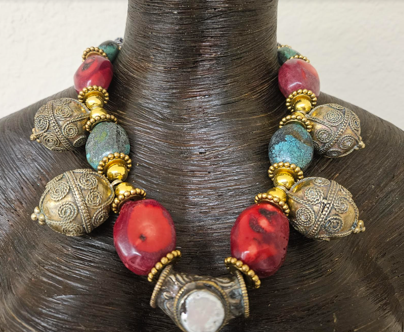 Big Tibetan Repousse Frog Statement Pendant - Exotic Luxury Coral Turquoise & Ethnic Beaded Tribal Necklace -  Iris Apfel Haute Couture Styled Jewelry - Kat Kouture Jewelry