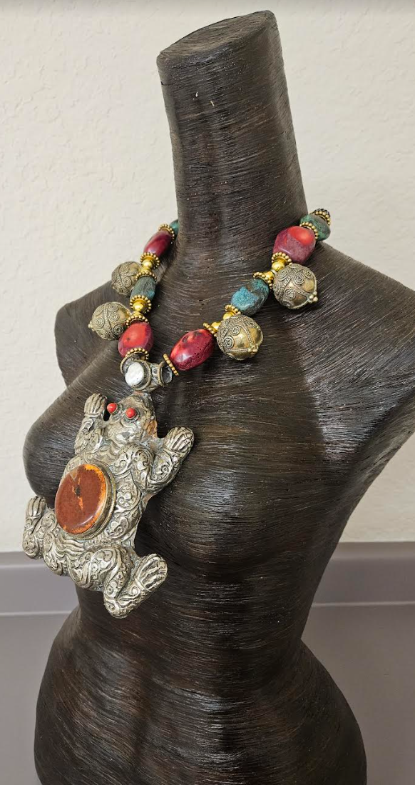 Big Tibetan Repousse Frog Statement Pendant - Exotic Luxury Coral Turquoise & Ethnic Beaded Tribal Necklace -  Iris Apfel Haute Couture Styled Jewelry - Kat Kouture Jewelry