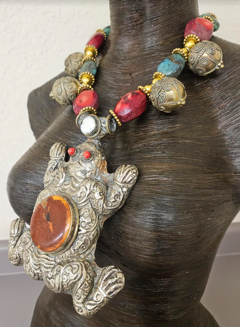 Big Tibetan Repousse Frog Statement Pendant - Exotic Luxury Coral Turquoise & Ethnic Beaded Tribal Necklace -  Iris Apfel Haute Couture Styled Jewelry - Kat Kouture Jewelry