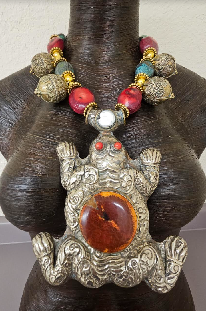 Big Tibetan Repousse Frog Statement Pendant - Exotic Luxury Coral Turquoise & Ethnic Beaded Tribal Necklace -  Iris Apfel Haute Couture Styled Jewelry - Kat Kouture Jewelry