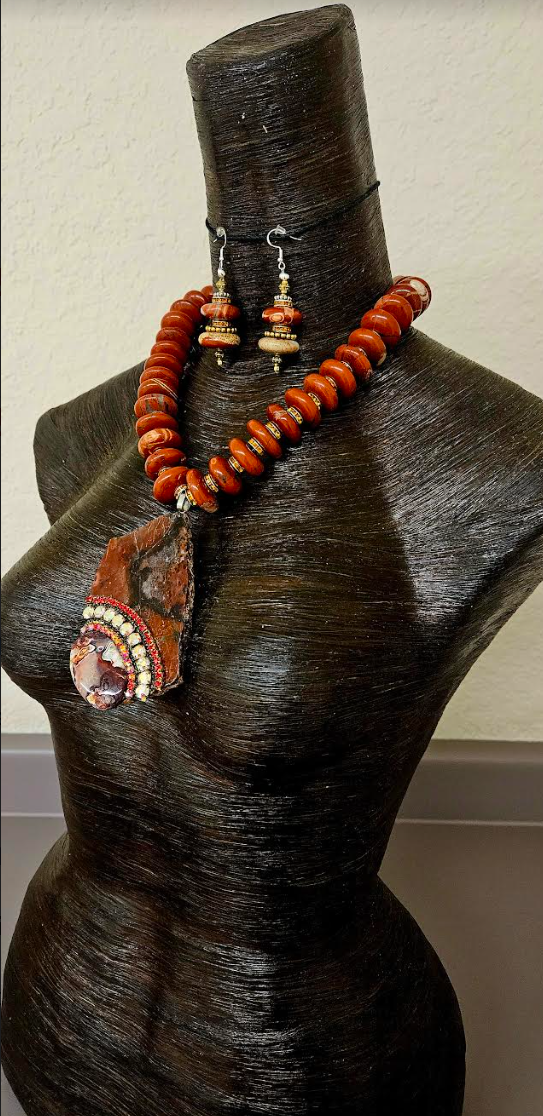 Red Brown Agate Jasper Rondelle Statement Necklace & Earring Set - Jasper Slab and Crazy Lace Agate Rhinestone Pendant - Rustic Haute Couture Jewelry Set -Kat Kouture Jewelry