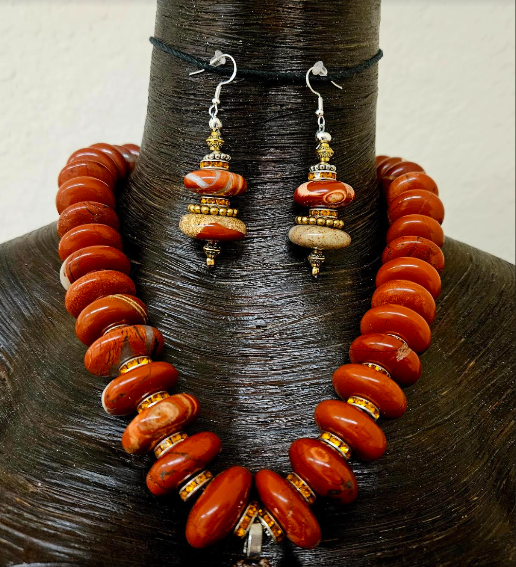 Red Brown Agate Jasper Rondelle Statement Necklace & Earring Set - Jasper Slab and Crazy Lace Agate Rhinestone Pendant - Rustic Haute Couture Jewelry Set -Kat Kouture Jewelry