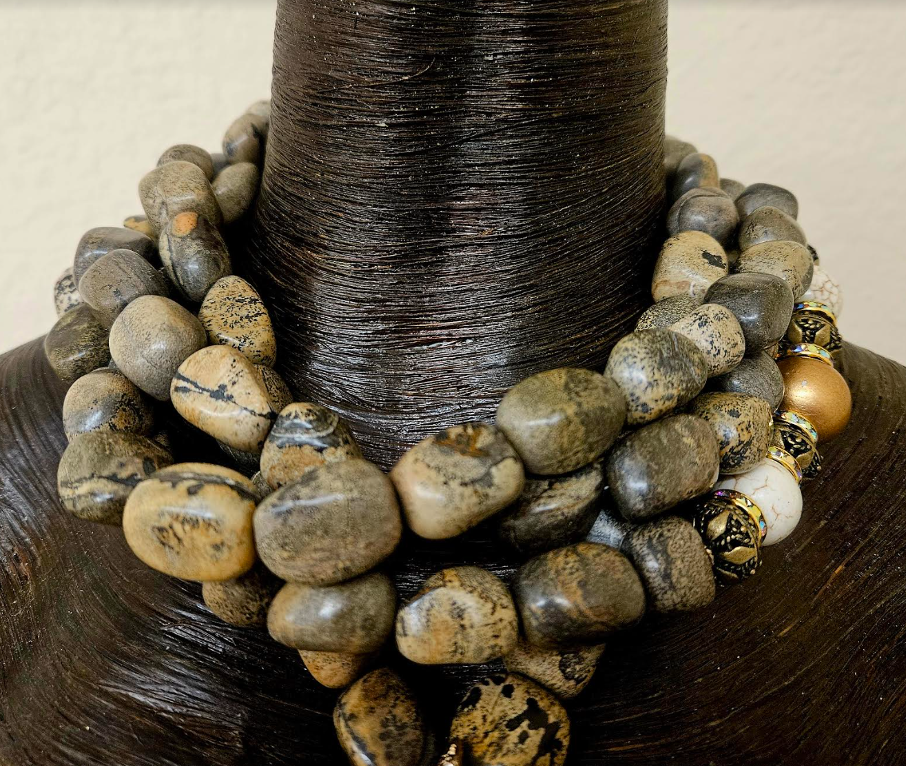 Huge Grey Brown Agate & Rhinestone Cattleya Orchid  Pendant - Multi Strand Earth Tone Boulder Jasper Statement Necklace - Kat Kouture Jewelry - Autumn Wardrobe Chest Piece Accessory