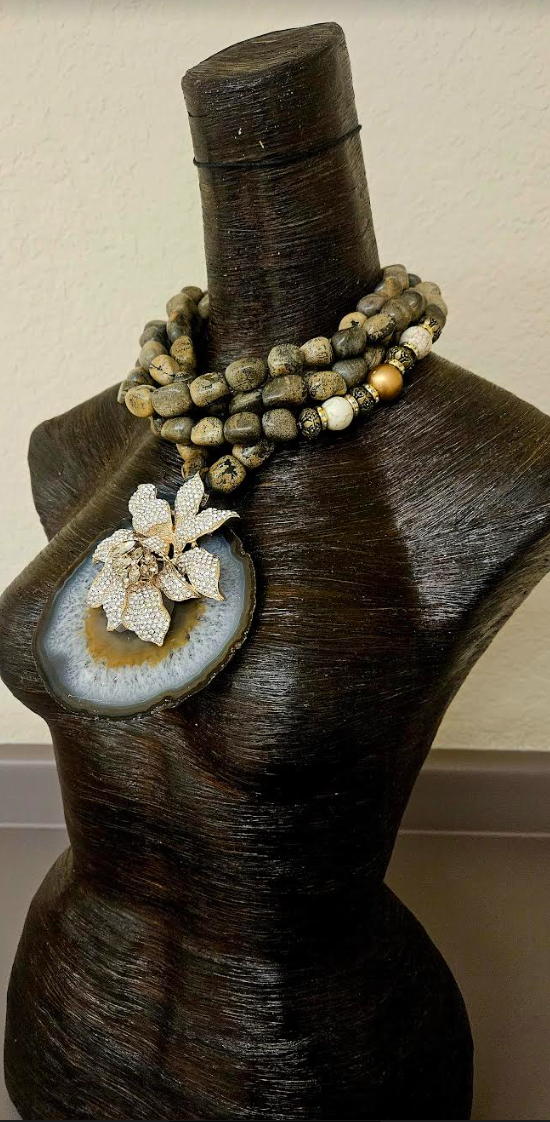 Huge Grey Brown Agate & Rhinestone Cattleya Orchid  Pendant - Multi Strand Earth Tone Boulder Jasper Statement Necklace - Kat Kouture Jewelry - Autumn Wardrobe Chest Piece Accessory