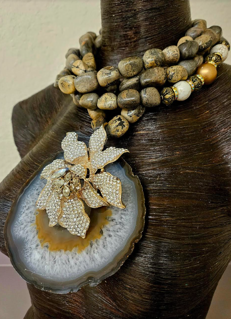 Huge Grey Brown Agate & Rhinestone Cattleya Orchid  Pendant - Multi Strand Earth Tone Boulder Jasper Statement Necklace - Kat Kouture Jewelry - Autumn Wardrobe Chest Piece Accessory