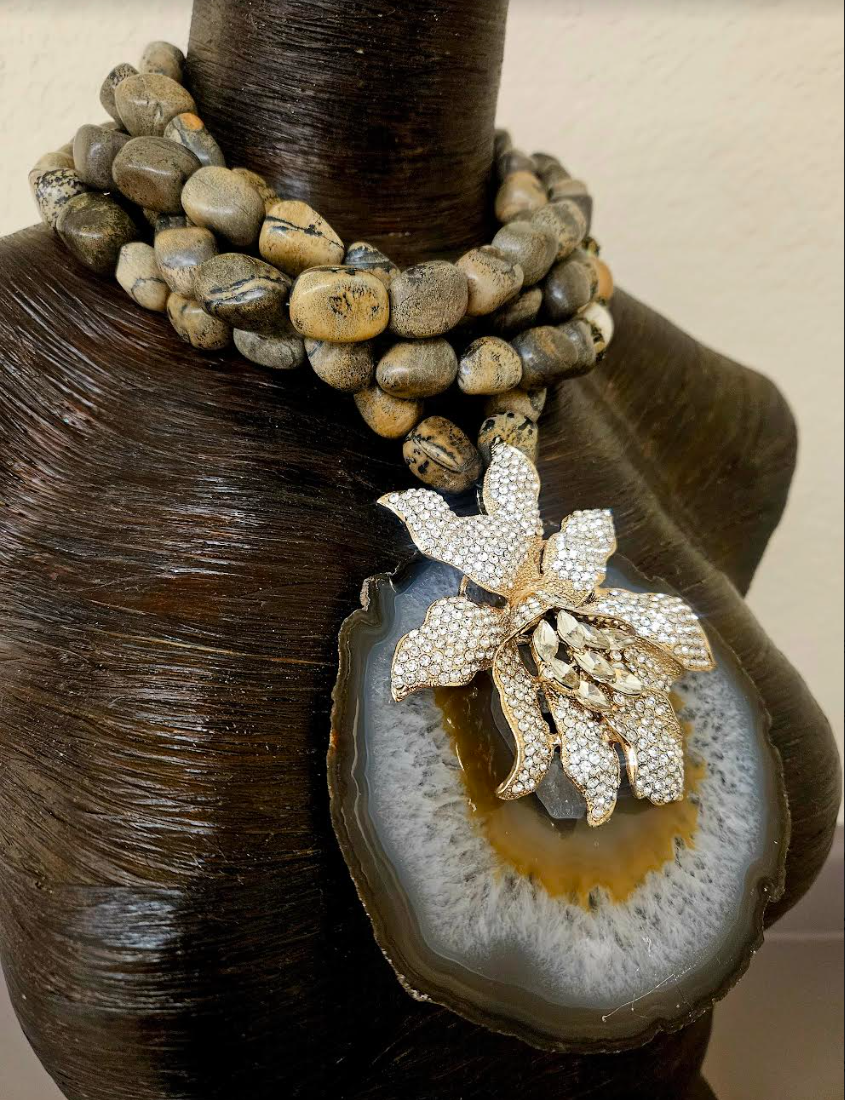 Huge Grey Brown Agate & Rhinestone Cattleya Orchid  Pendant - Multi Strand Earth Tone Boulder Jasper Statement Necklace - Kat Kouture Jewelry - Autumn Wardrobe Chest Piece Accessory