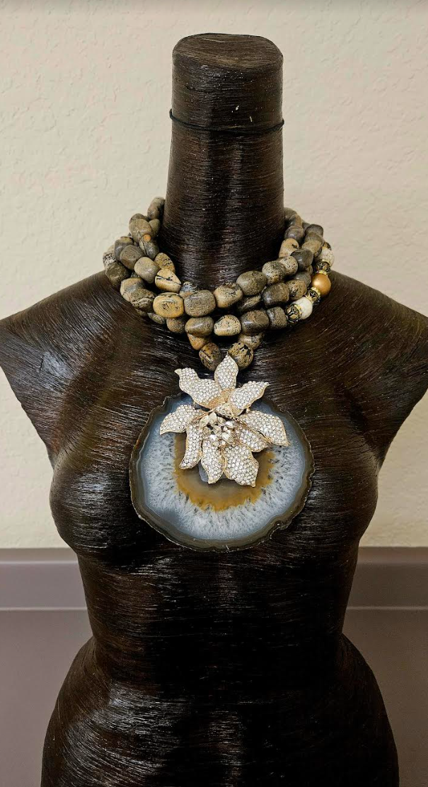 Huge Grey Brown Agate & Rhinestone Cattleya Orchid  Pendant - Multi Strand Earth Tone Boulder Jasper Statement Necklace - Kat Kouture Jewelry - Autumn Wardrobe Chest Piece Accessory