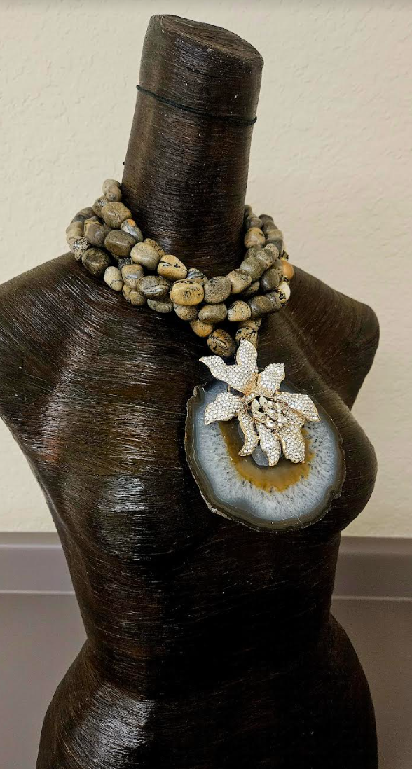 Huge Grey Brown Agate & Rhinestone Cattleya Orchid  Pendant - Multi Strand Earth Tone Boulder Jasper Statement Necklace - Kat Kouture Jewelry - Autumn Wardrobe Chest Piece Accessory