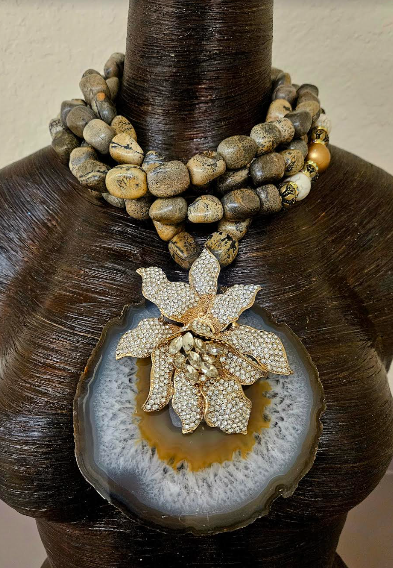 Huge Grey Brown Agate & Rhinestone Cattleya Orchid  Pendant - Multi Strand Earth Tone Boulder Jasper Statement Necklace - Kat Kouture Jewelry - Autumn Wardrobe Chest Piece Accessory