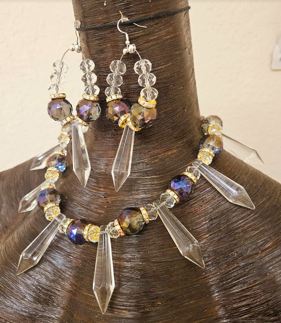 Crystal and Glass Necklace & Pierced Earring Jewelry Set - Holiday Glamour Avant Garde Jewelry - Kat Kouture Jewelry