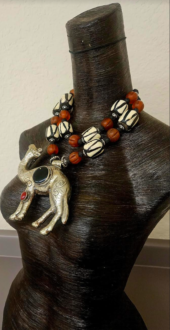 Tibetan Repousse Camel Tribal Chest Piece - Rare Scarce Zebu Bone and Amber Glass Ethnic Statement Necklace - Kat Kouture Jewelry