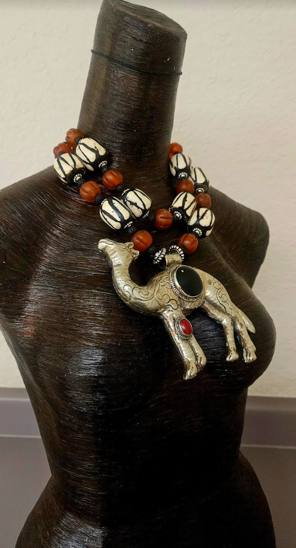 Tibetan Repousse Camel Tribal Chest Piece - Rare Scarce Zebu Bone and Amber Glass Ethnic Statement Necklace - Kat Kouture Jewelry