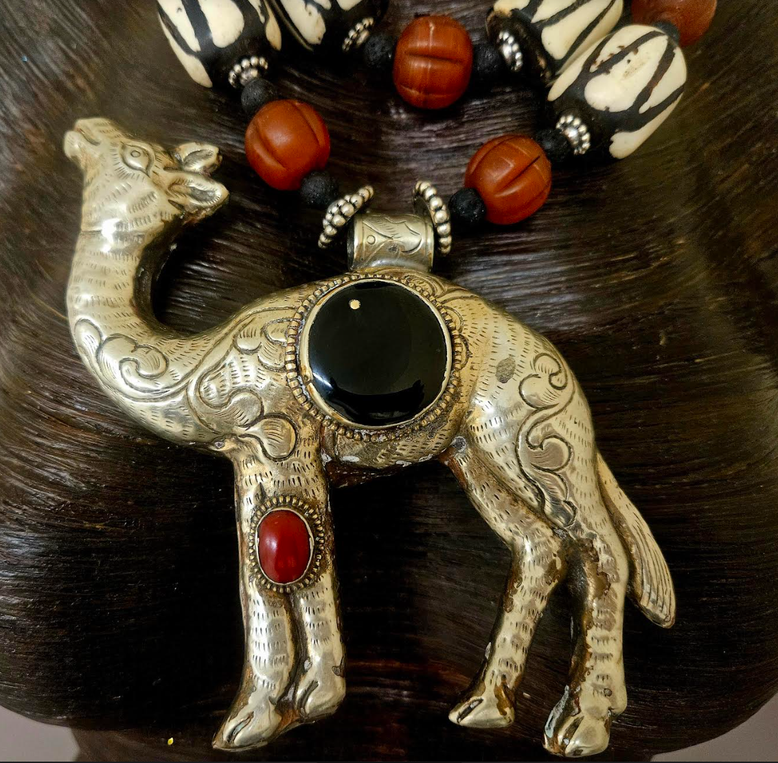 Tibetan Repousse Camel Tribal Chest Piece - Rare Scarce Zebu Bone and Amber Glass Ethnic Statement Necklace - Kat Kouture Jewelry