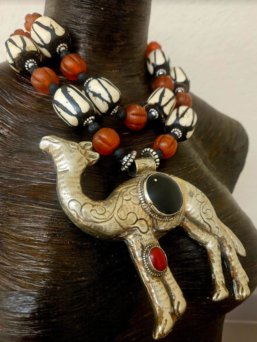 Tibetan Repousse Camel Tribal Chest Piece - Rare Scarce Zebu Bone and Amber Glass Ethnic Statement Necklace - Kat Kouture Jewelry